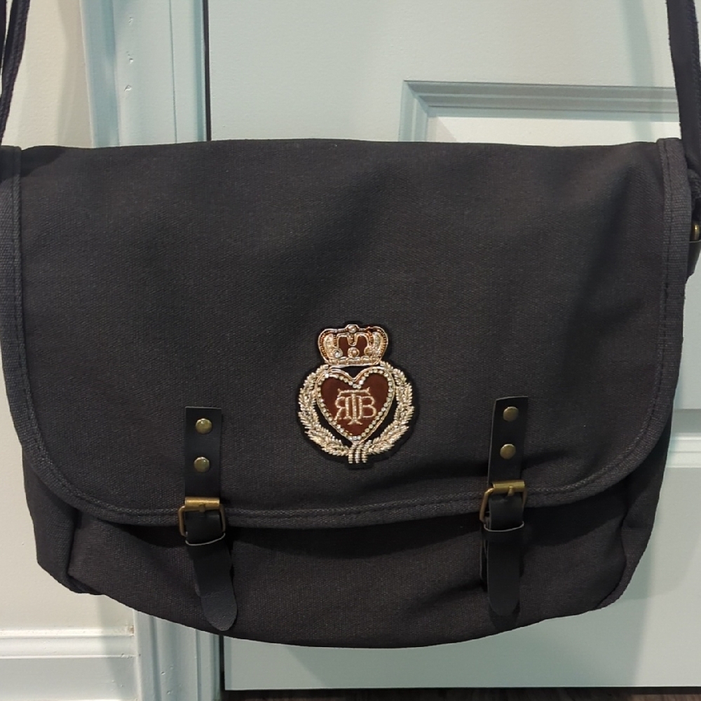 Boutique Black Messenger Bag w/Jewel Accents In Crown & Heart - Picture 3 of 17